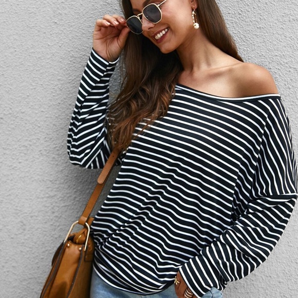 boho chic striped off shoulder long sleeve… - Picture 4 of 6